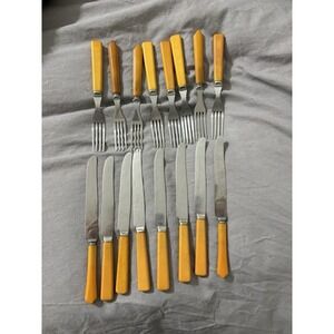 Vintage Stainless Steel Bakelite Silverware/Utensils Flatware 8 Knives/ 8 Forks